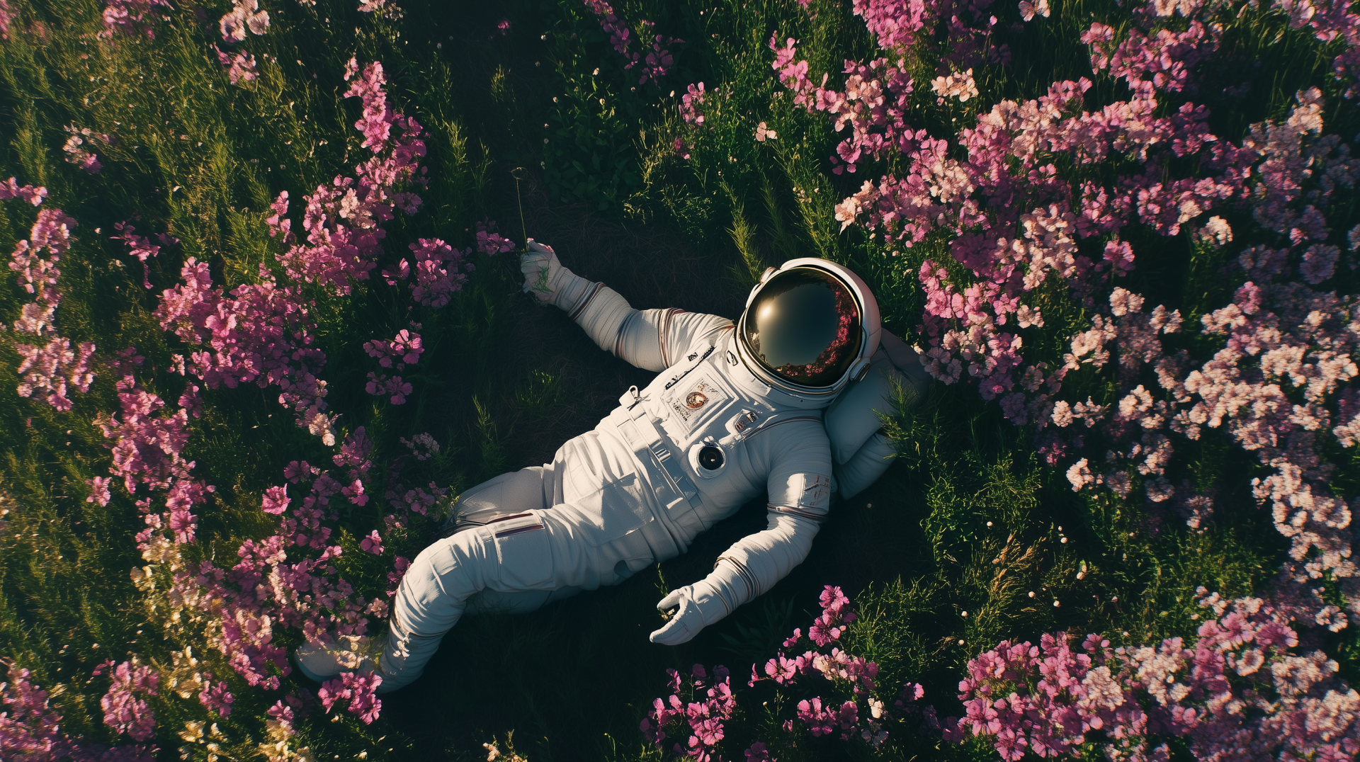 An astronaut lies among vibrant pink flowers in a field, creating a striking contrast between space exploration and nature in this HD desktop wallpaper.