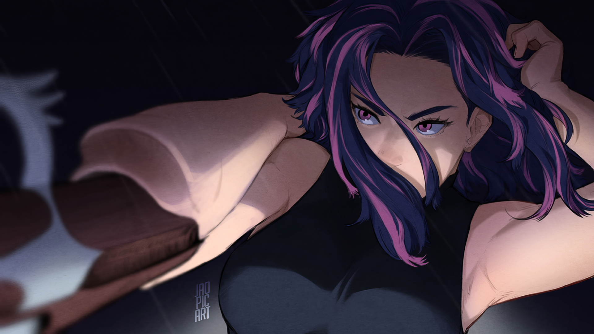 HD anime desktop wallpaper featuring Lady Nagant from My Hero Academia in a dynamic, intense pose with dark purple hair and sharp, focused eyes.