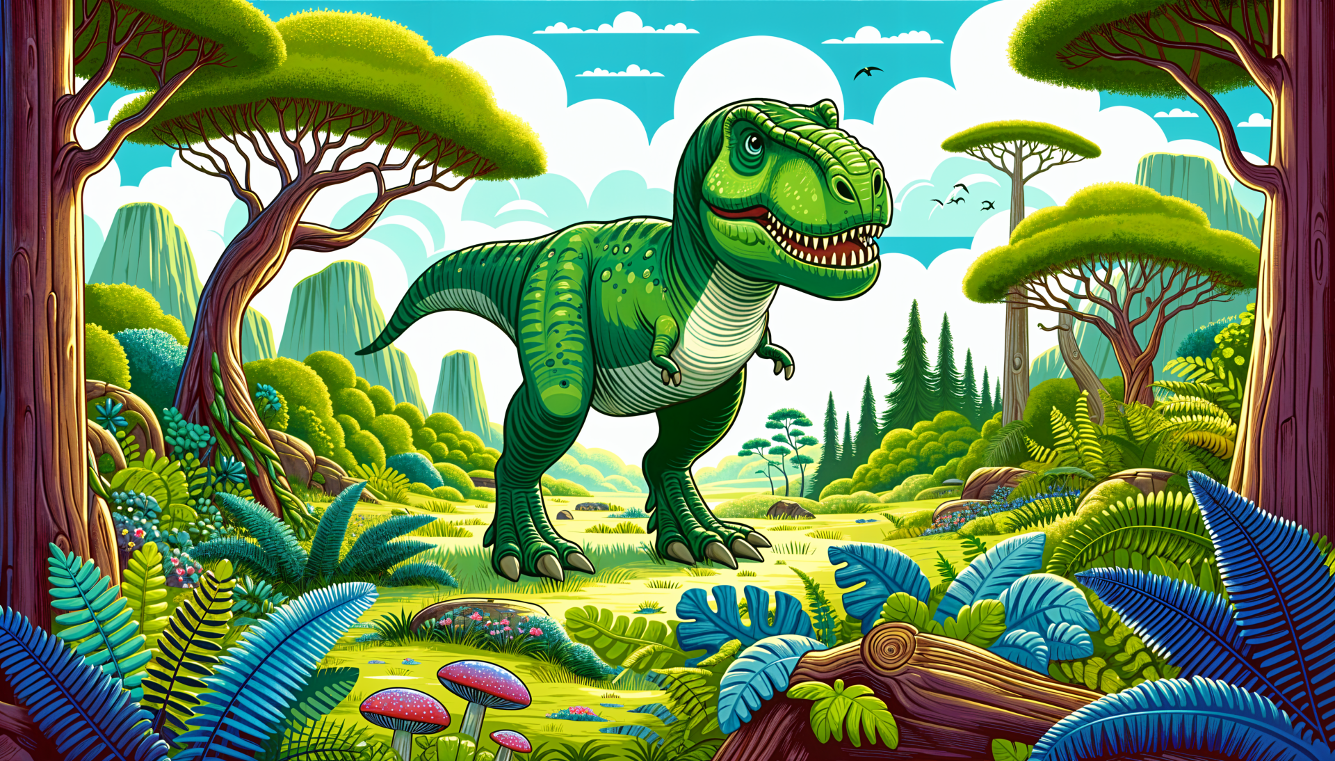 A vibrant 4K Ultra HD PC desktop wallpaper featuring a Tyrannosaurus Rex in a lush, colorful prehistoric landscape, surrounded by trees and ferns.