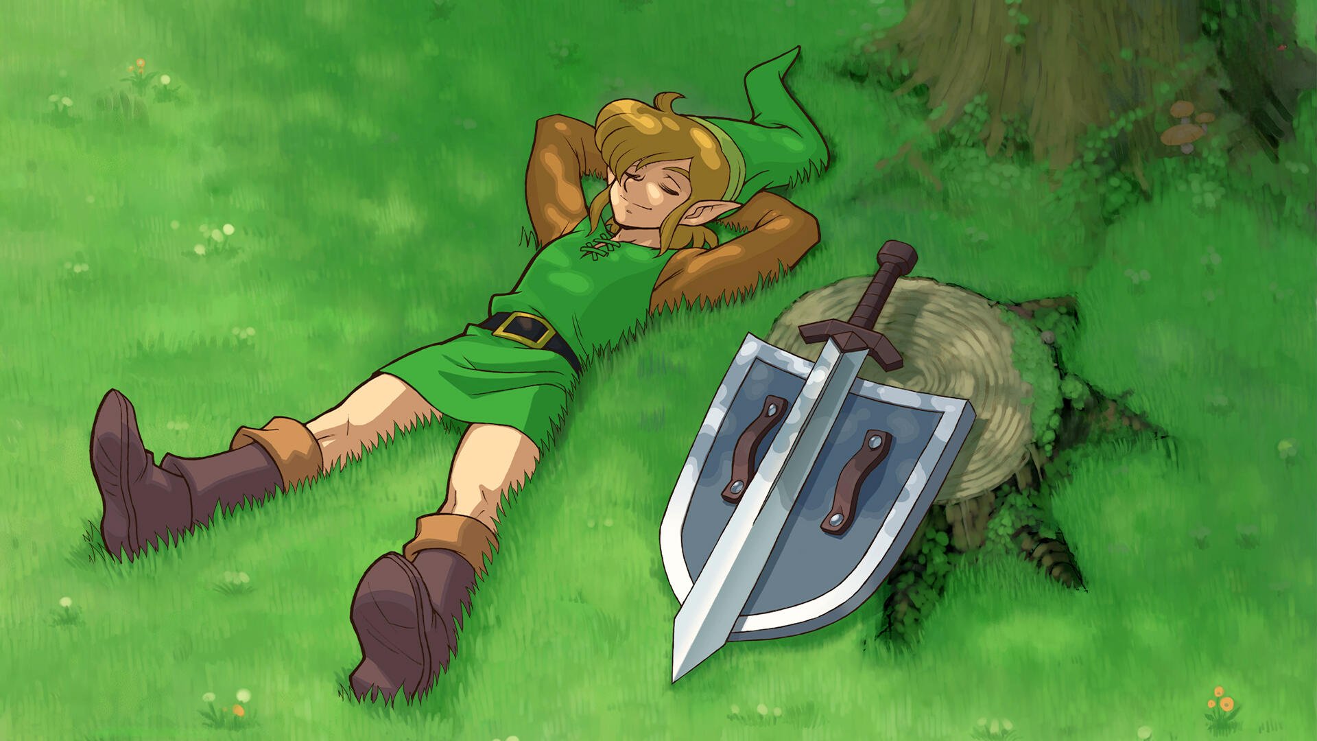 HD PC desktop wallpaper featuring Link from The Legend of Zelda resting on grass beside his sword and shield.