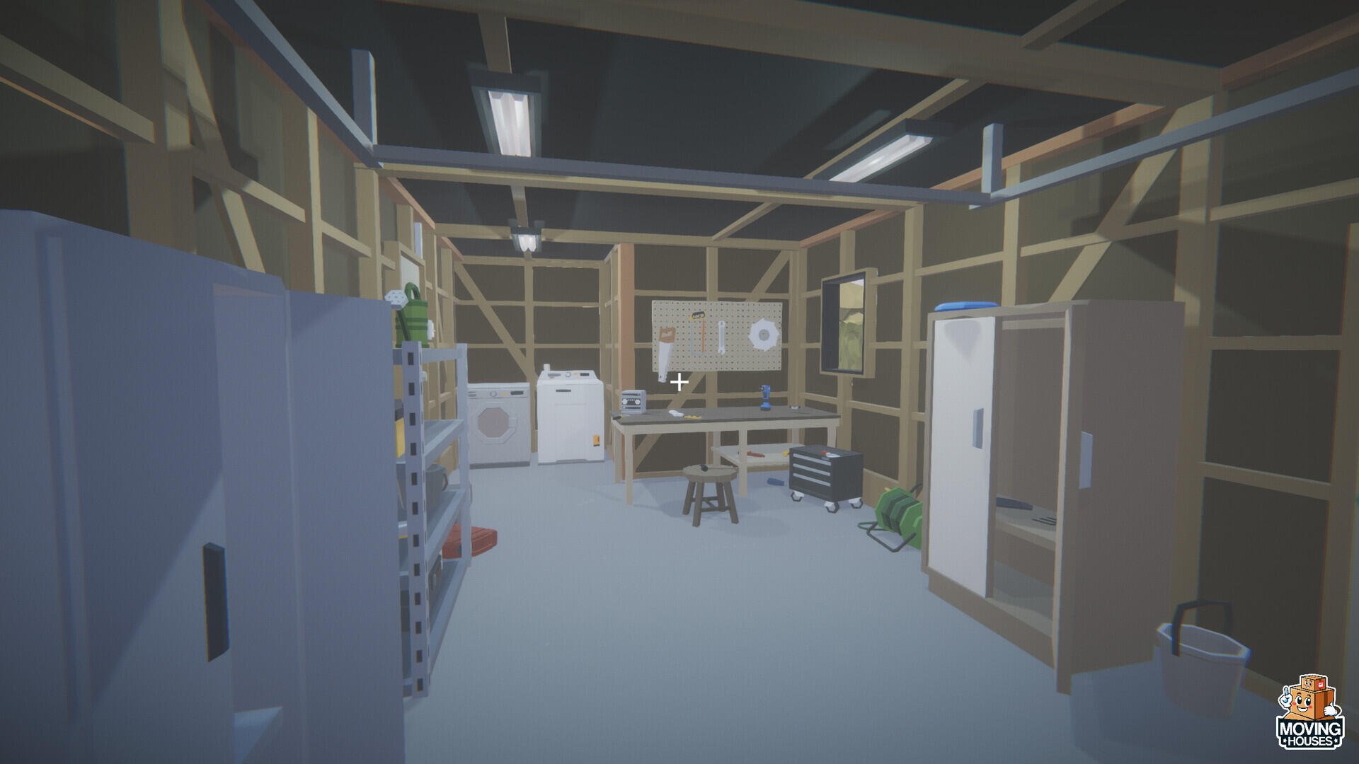 A vibrant HD PC desktop wallpaper depicting an interior from the game Moving Houses, featuring appliances and furniture within a spacious, unfinished room.