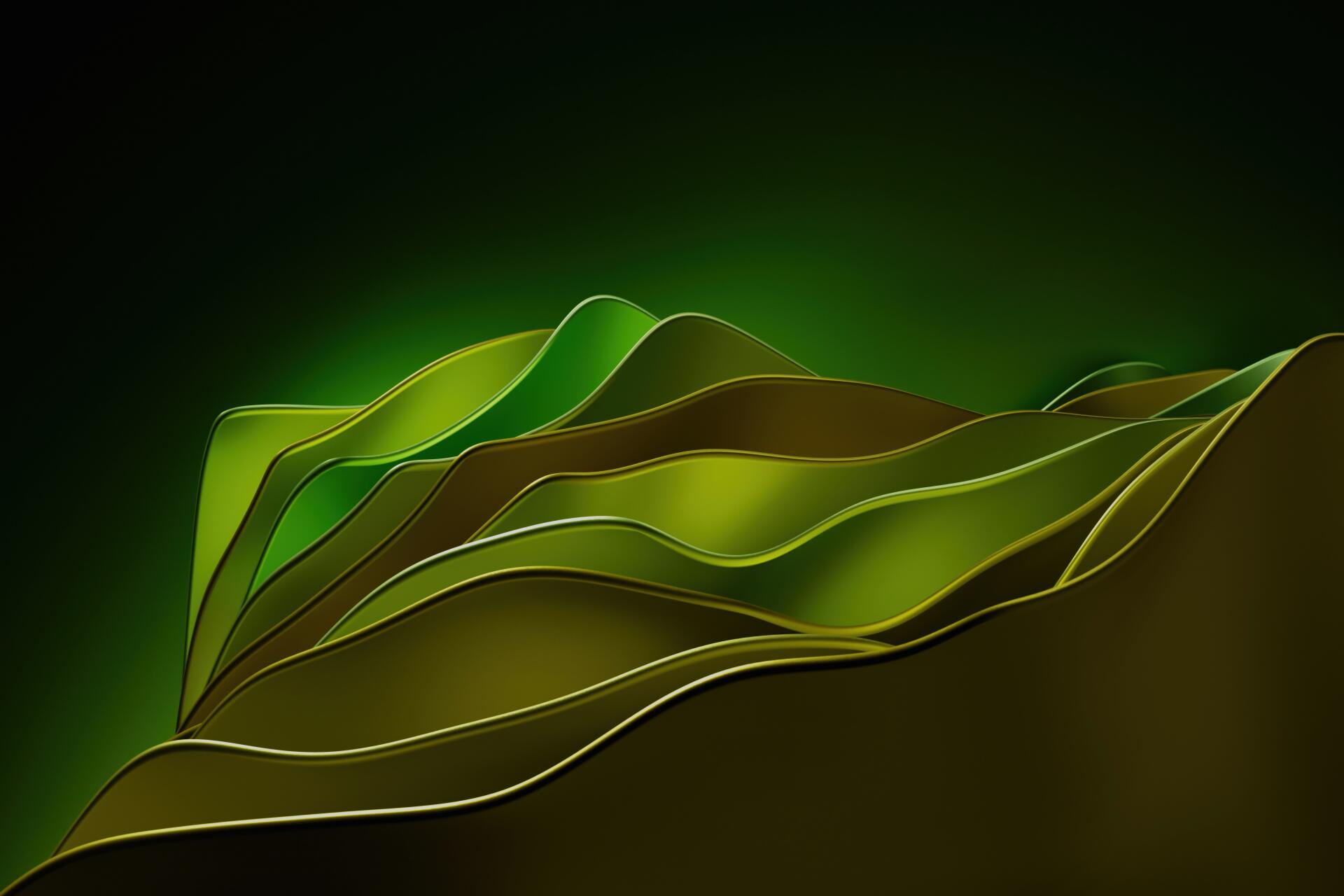 Abstract green waves flow across a dark background in this 8K Ultra HD desktop wallpaper, creating a dynamic and visually striking visual experience.