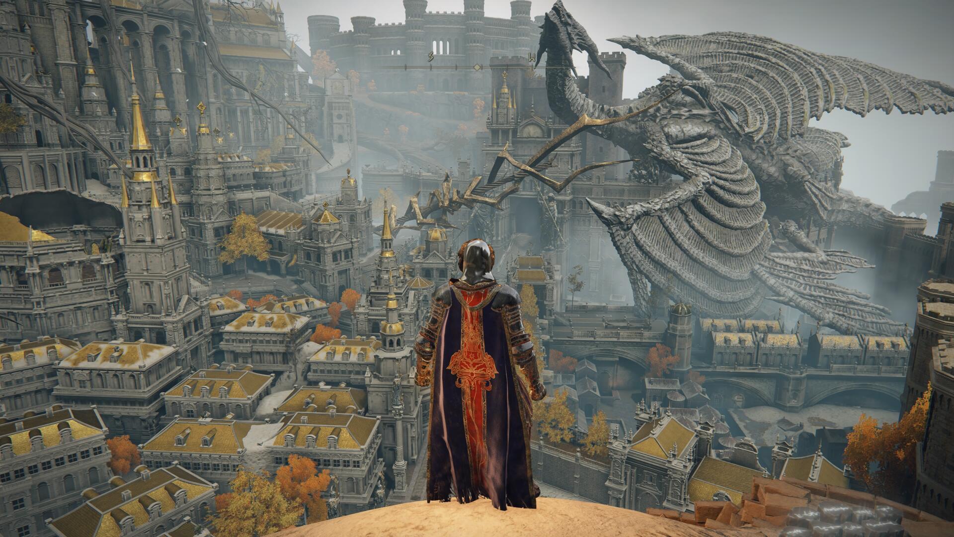 Elden Ring 4K Ultra HD PC desktop wallpaper/background — cloaked warrior surveys a vast ruined city as a colossal stone dragon coils above the rooftops.