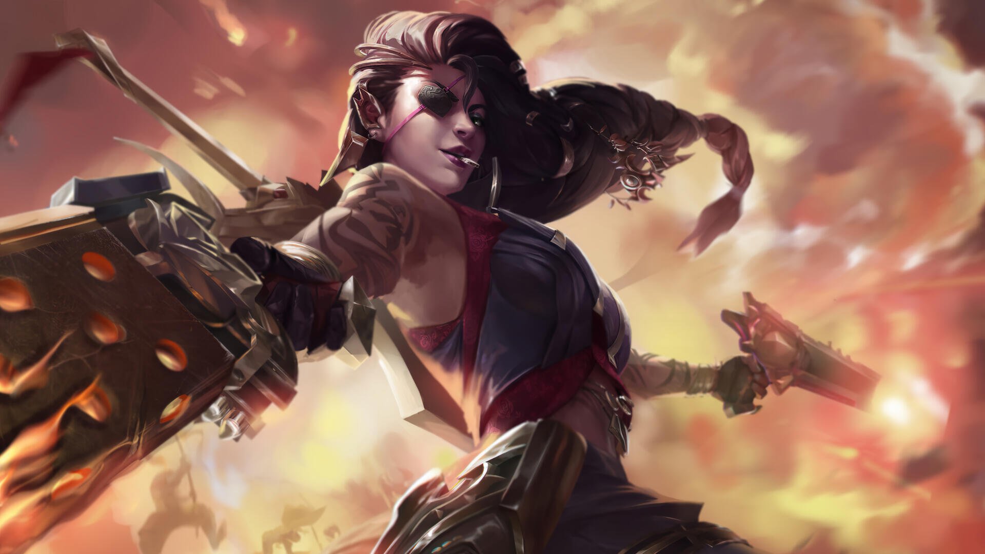 High-quality 4K Ultra HD wallpaper featuring Samira from League of Legends, showcasing her dynamic pose and vibrant background in a fantastical setting.