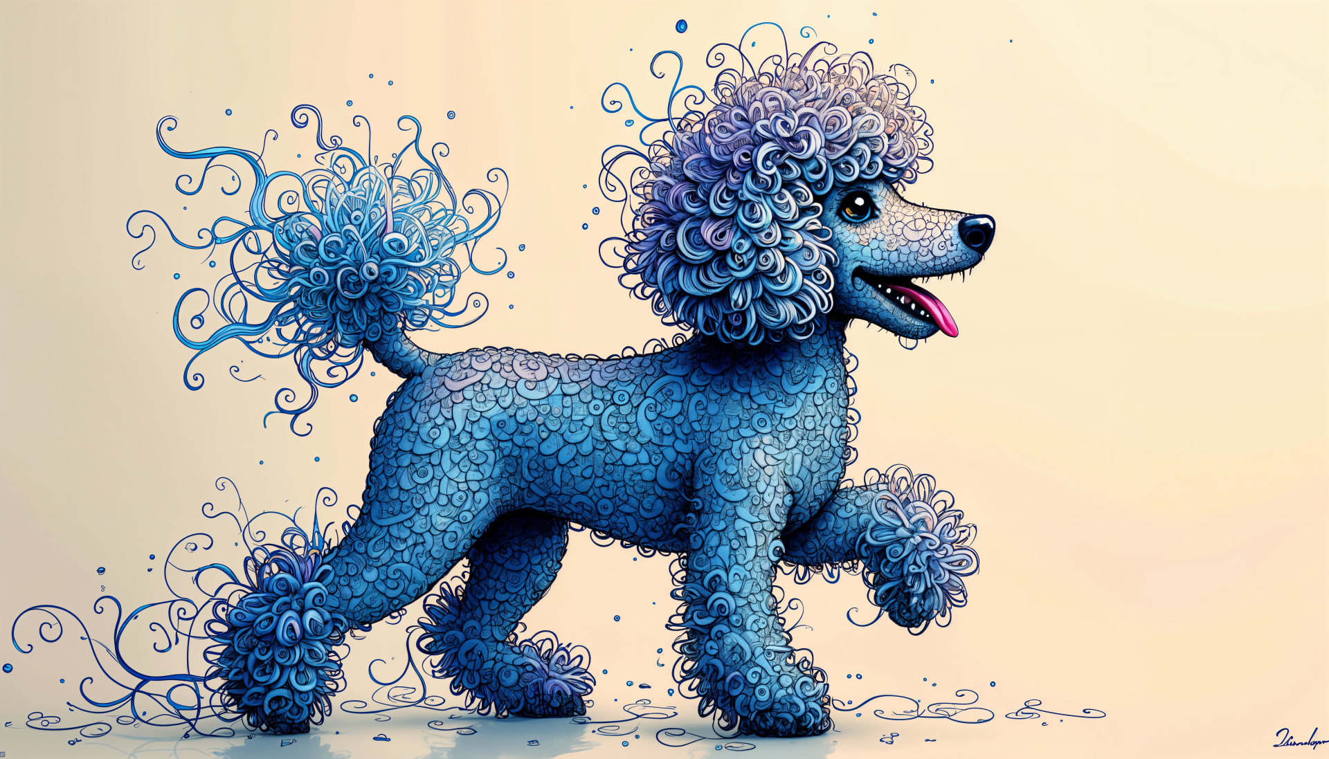 Artistic cartoon of a blue poodle with curly fur, designed as a vibrant 4K Ultra HD PC desktop wallpaper and background.
