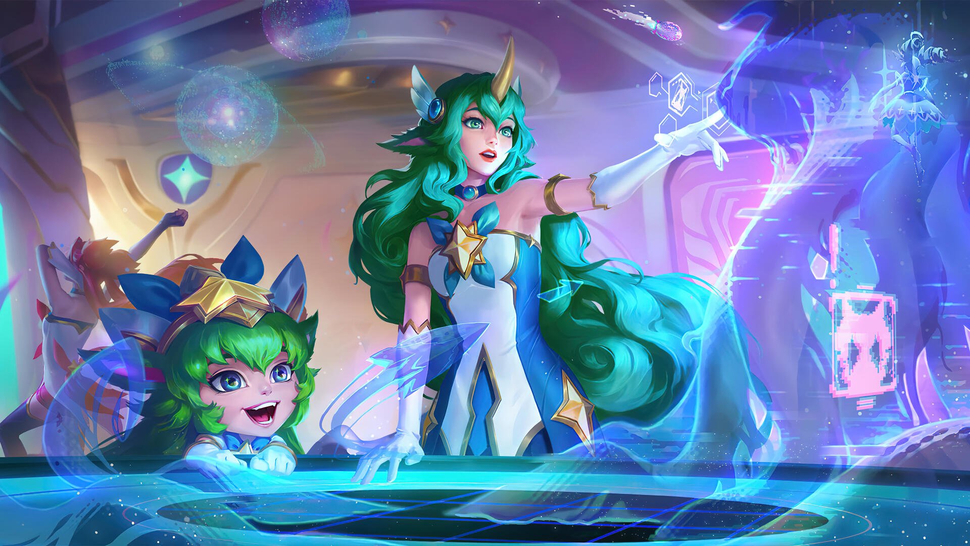 A vibrant 4K Ultra HD wallpaper featuring Lulu and Soraka from League of Legends, showcasing their magical abilities in a colorful and dynamic setting.