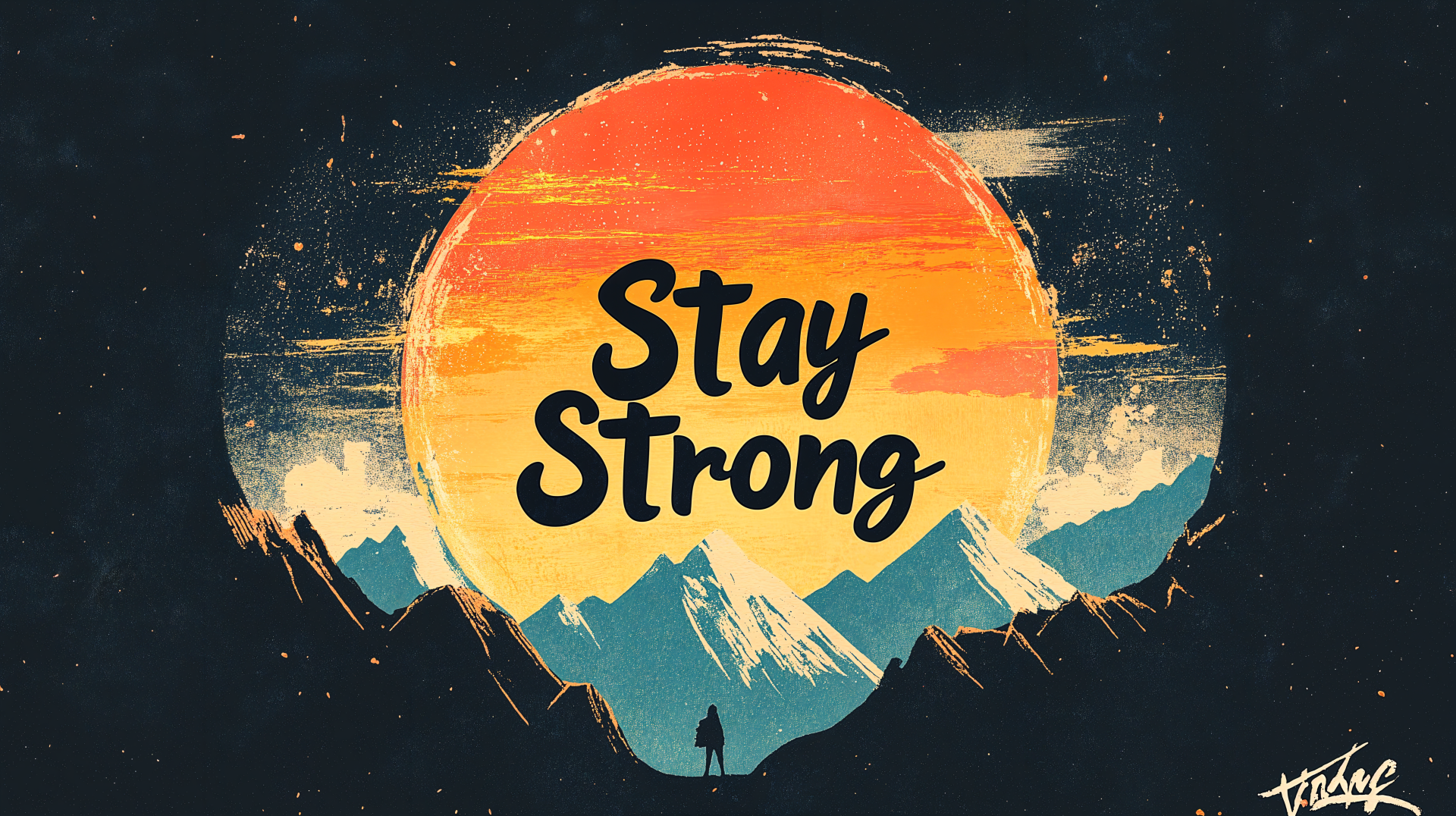 A motivational 4K Ultra HD desktop wallpaper featuring a vibrant sunset with mountains, highlighting the message Stay Strong in bold lettering.