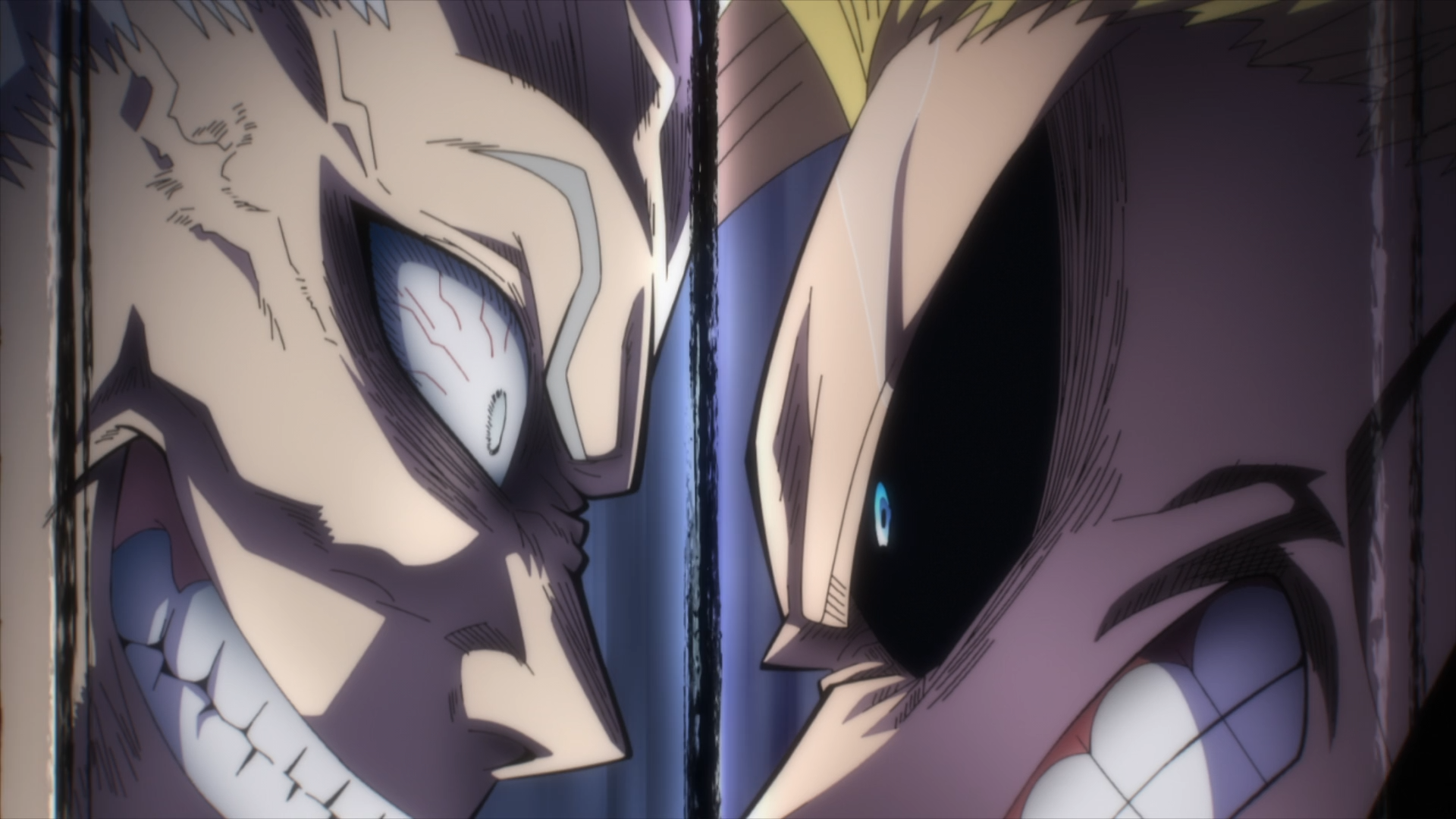 My Hero Academia HD PC wallpaper: split close-up of All Might and All For One snarling face-to-face, dramatic lighting and intense, contorted expressions.