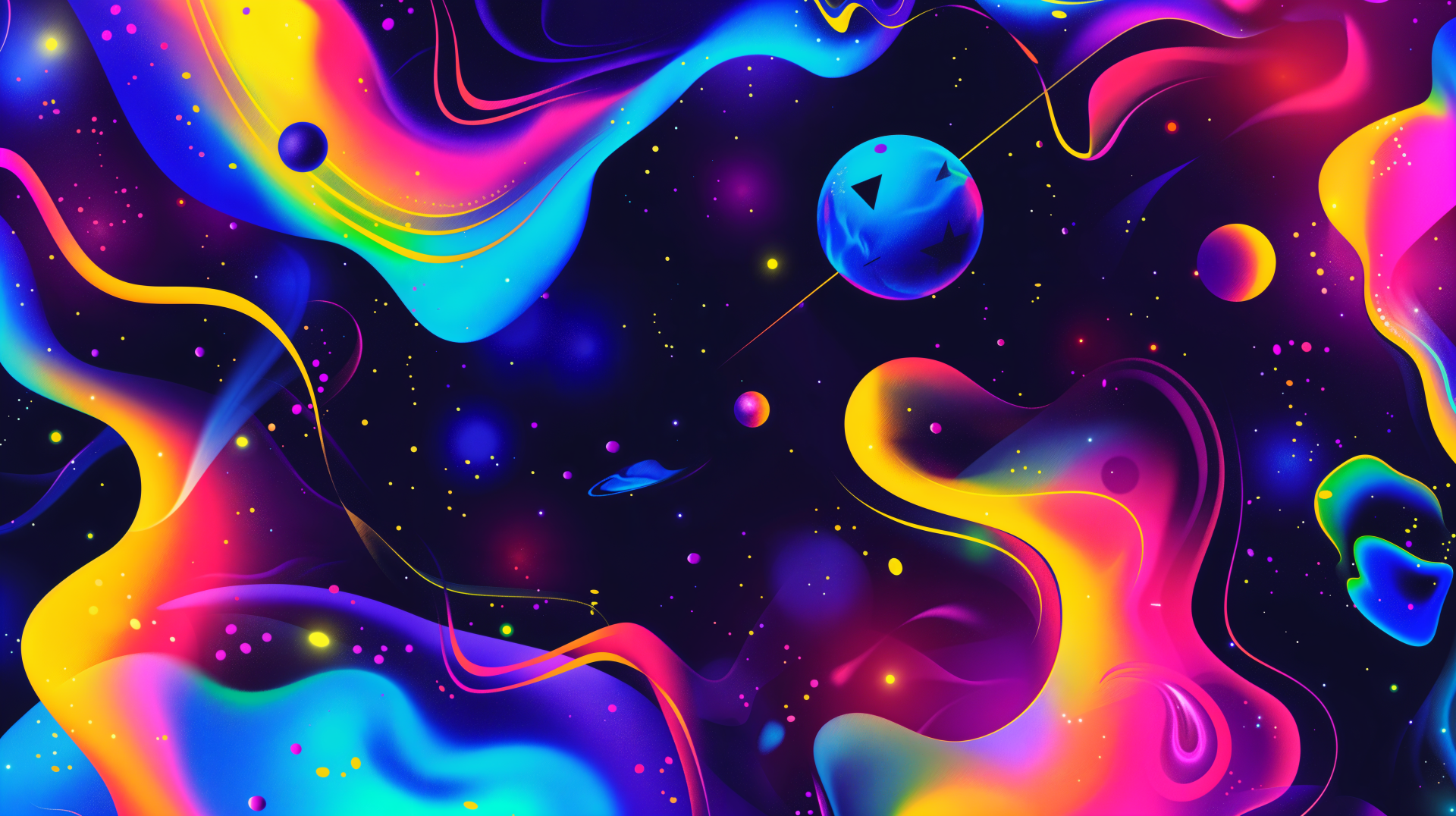 A vibrant, abstract depiction of space featuring swirling colors, planets, and stars, crafted as a stunning 4K Ultra HD desktop wallpaper and background.