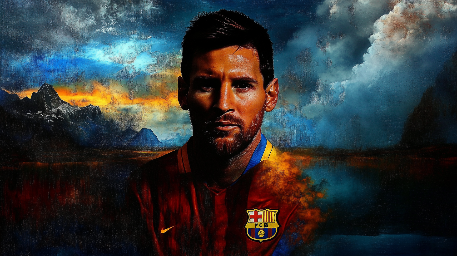 A striking HD wallpaper featuring Lionel Messi, showcasing his intense gaze against a dramatic sky, emphasizing his passion for soccer and the spirit of the game.