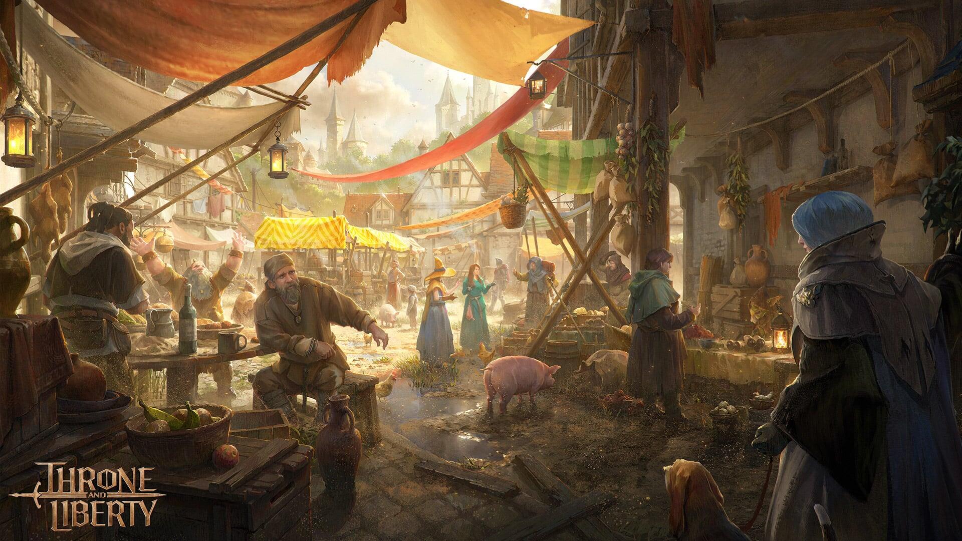 A vibrant marketplace scene from the video game Throne and Liberty, showcasing bustling activity, colorful stalls, and characters in a richly detailed environment. HD PC desktop wallpaper.