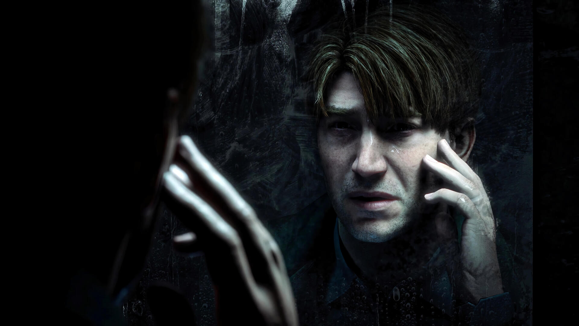 A haunting 4K Ultra HD wallpaper from Silent Hill 2, featuring a character gazing into a foggy mirror, evoking a sense of mystery and psychological depth.