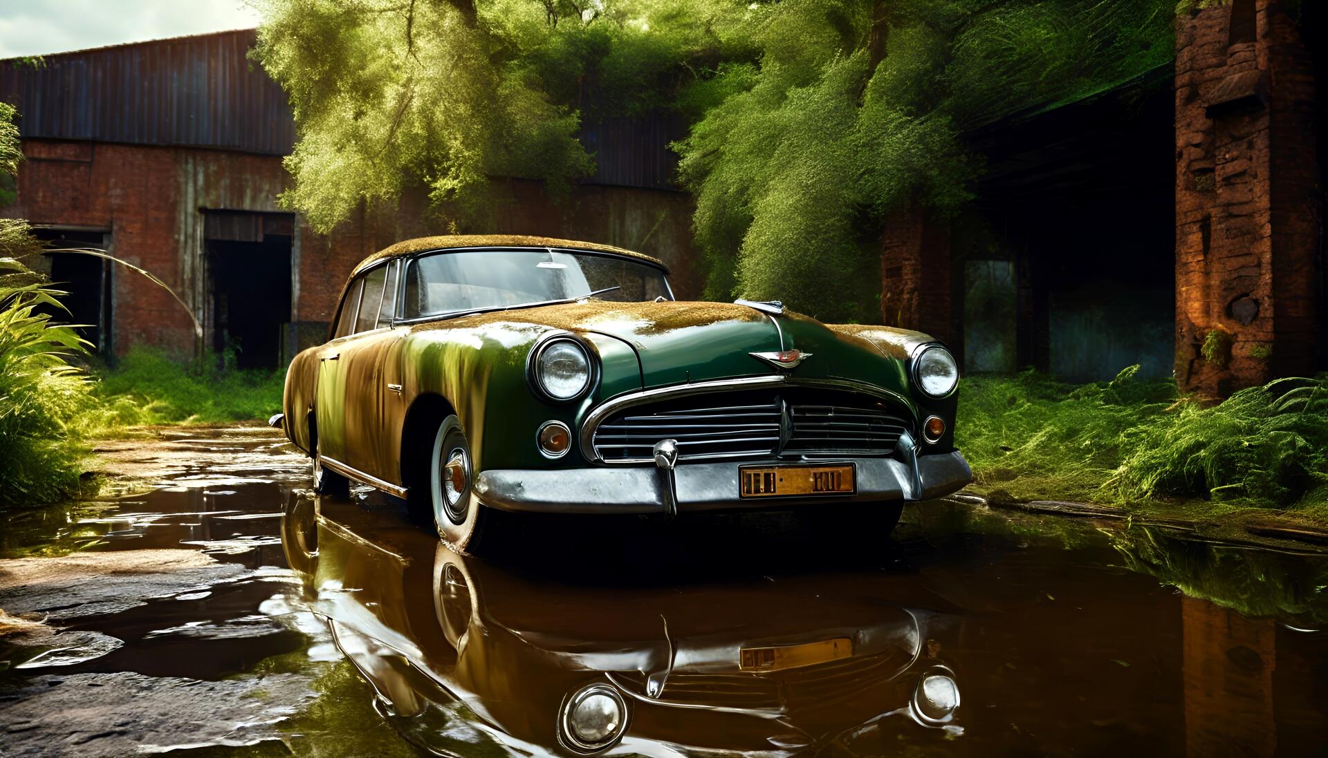 4K Ultra HD PC desktop wallpaper background: vintage green old car parked in a waterlogged, overgrown industrial yard, its chrome and reflection gleaming in the puddle.