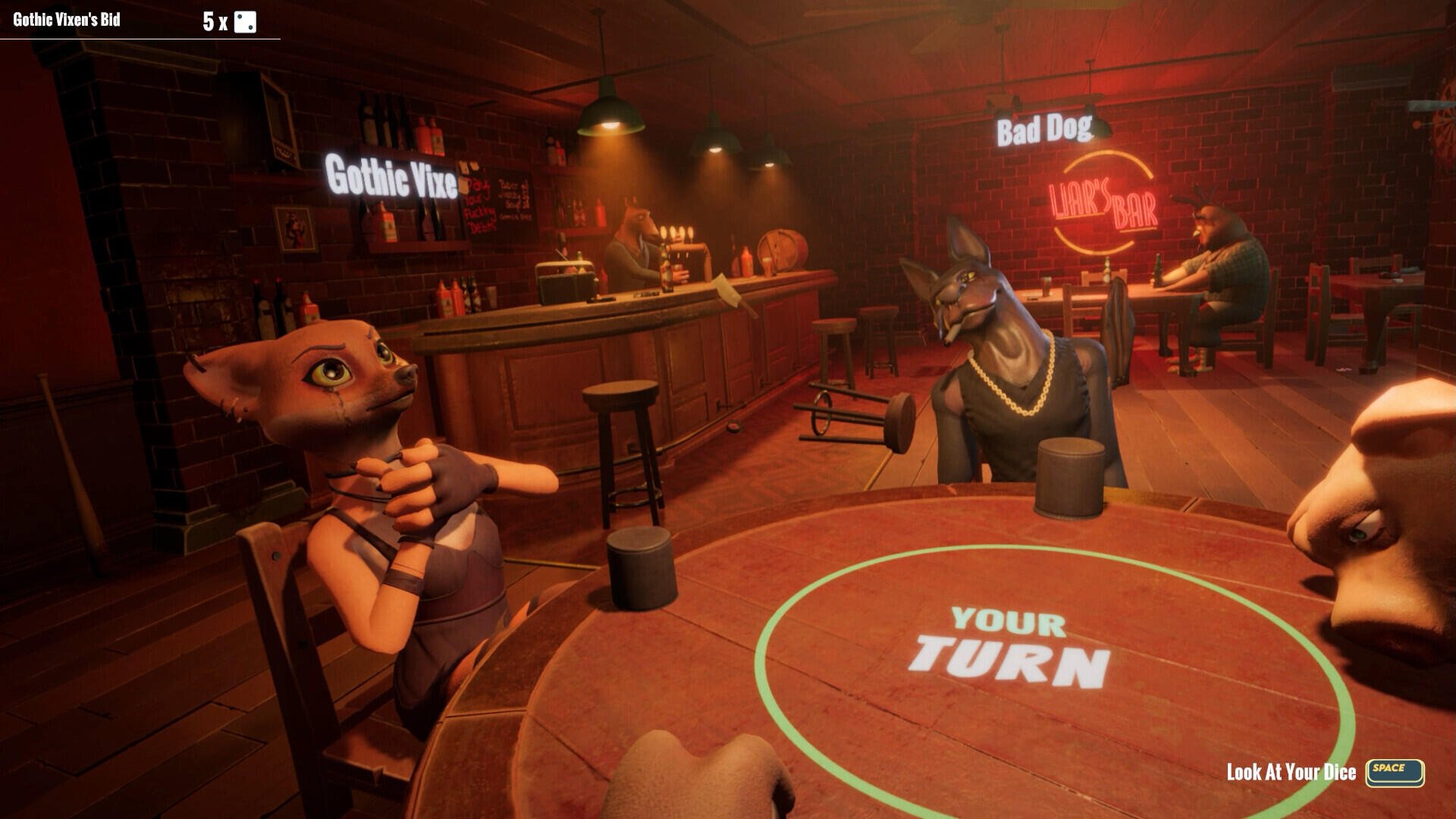 HD PC desktop wallpaper featuring a scene from the video game Liars Bar, showing anthropomorphic characters at a dimly lit bar with poker chips and a Your Turn sign.