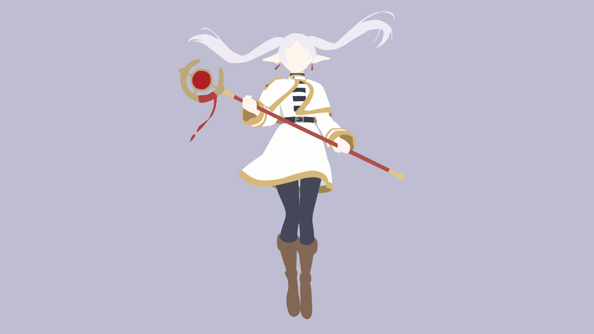 4K Ultra HD anime wallpaper featuring Frieren from Frieren: Beyond Journey's End, depicted with flowing white hair and a staff against a soft lavender background.
