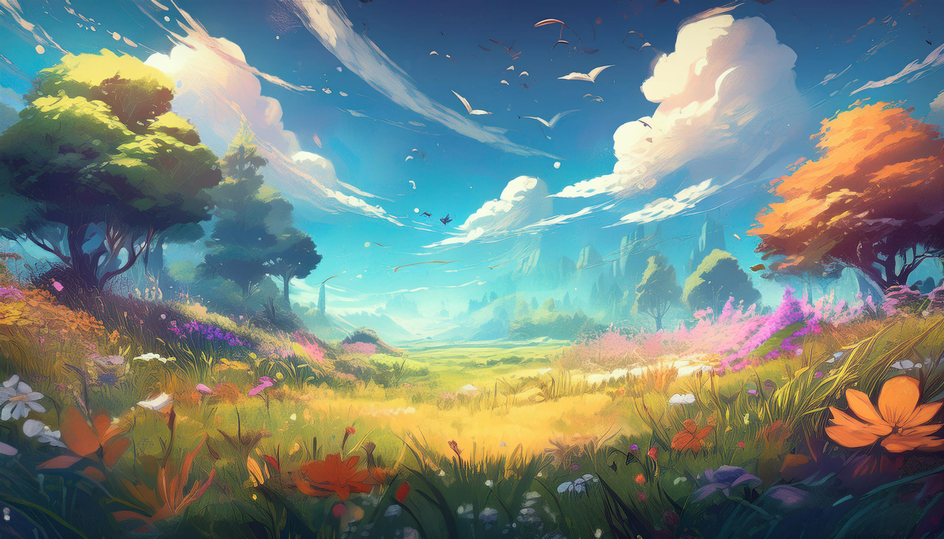 Vibrant anime landscape of a flower-filled field beneath a bright sky, artistic colors and trees — 2K Quad HD PC desktop wallpaper/background.
