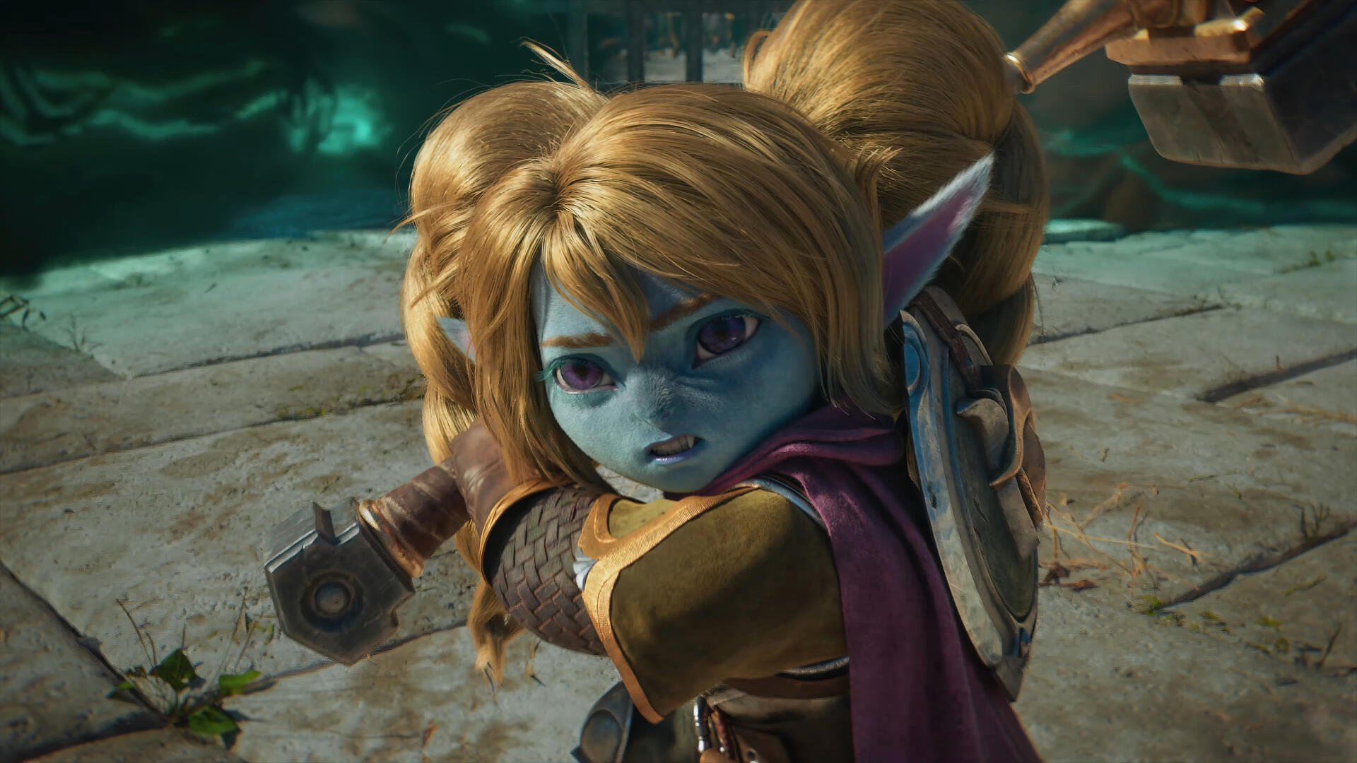 A 4K Ultra HD wallpaper featuring Poppy from League of Legends, showcasing her determined expression and iconic features in a vibrant fantasy setting.