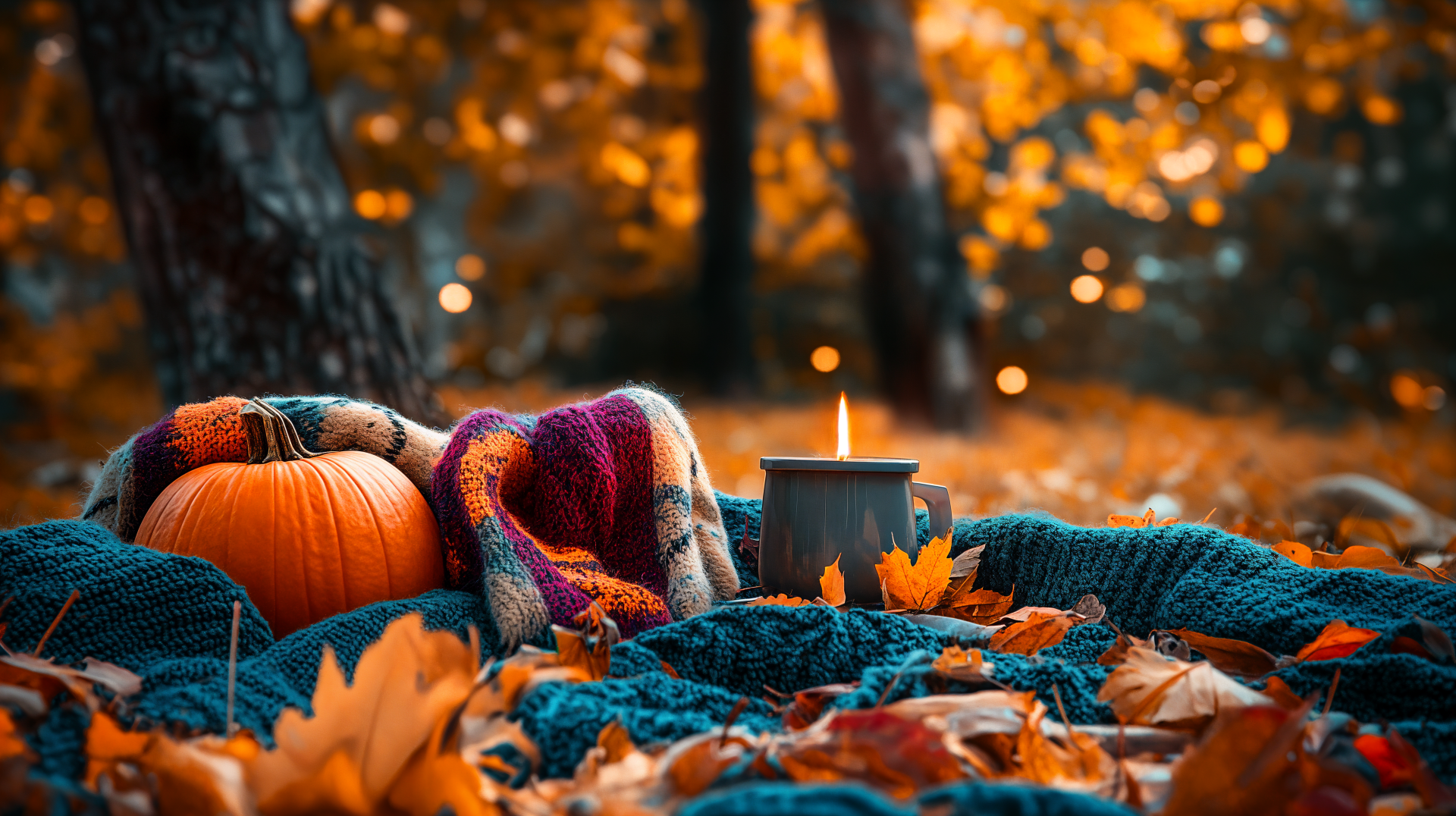A cozy autumn aesthetic featuring a vibrant pumpkin, warm knitted scarf, and a candle surrounded by colorful fallen leaves, captured in stunning 4K Ultra HD for desktop wallpaper.
