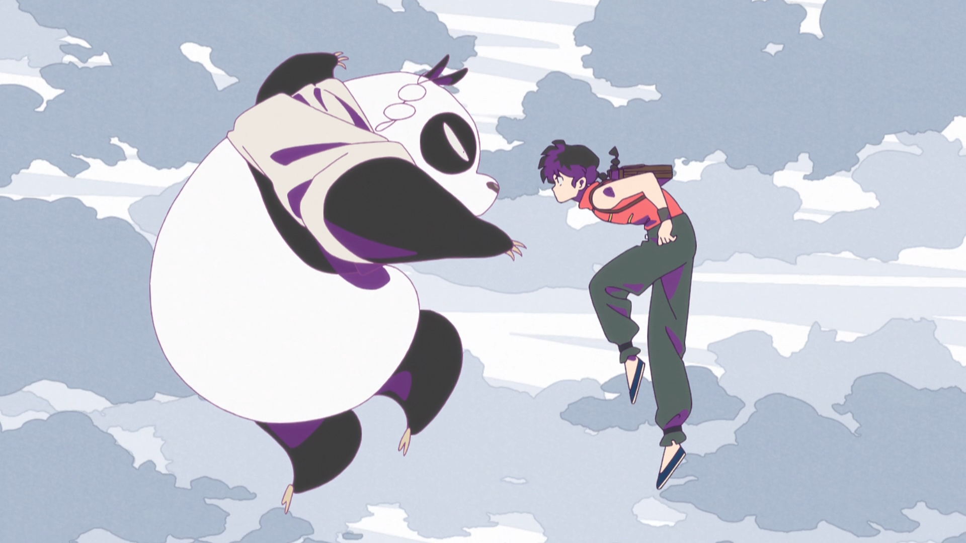 HD PC desktop wallpaper featuring Ranma Saotome from the anime Ranma ½ facing a giant panda amid a cloudy sky backdrop.