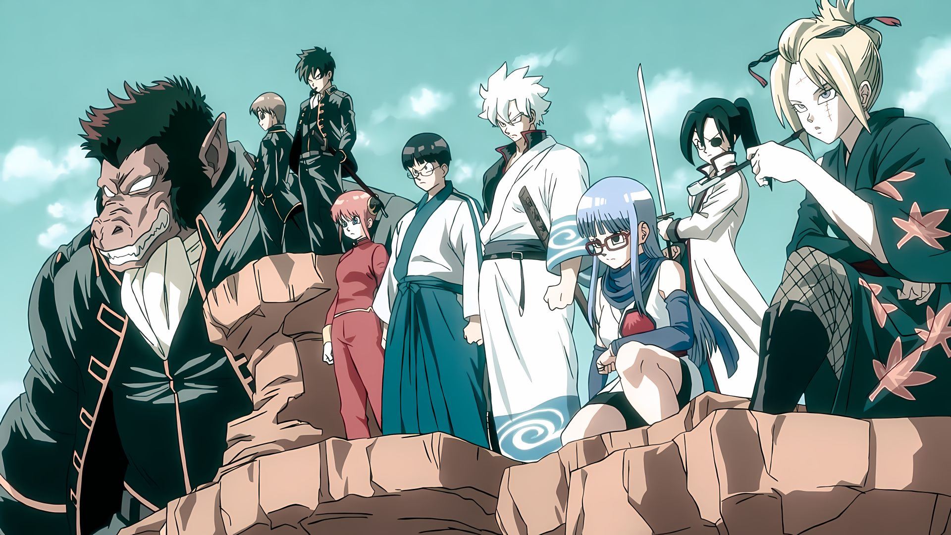 Anime-style 4K Ultra HD desktop wallpaper featuring the main cast of Gintama standing on rocky terrain with a clear sky backdrop.