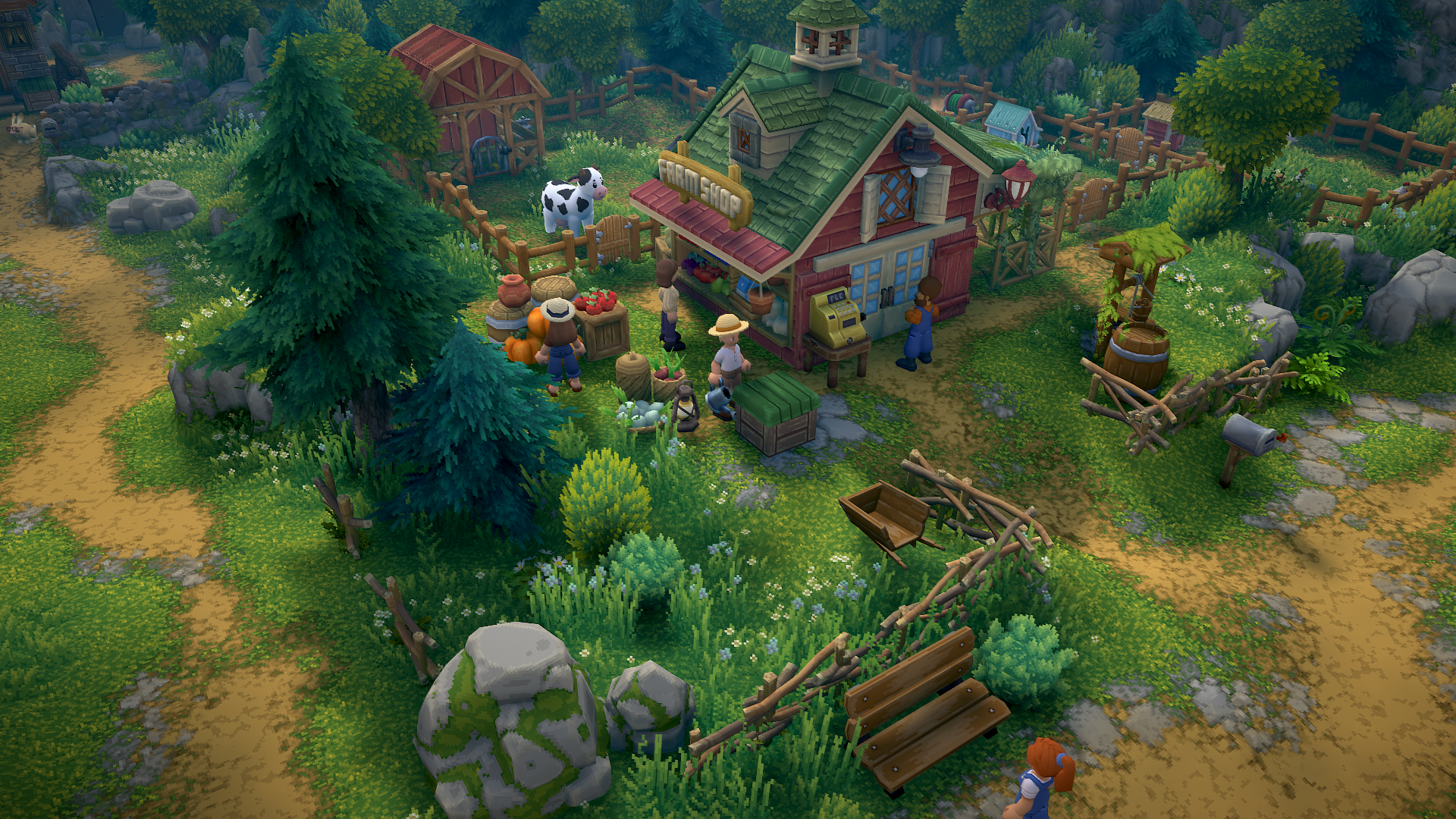 HD PC desktop wallpaper of Luma Island from a video game, showcasing a vibrant, detailed farm scene with greenery, characters, and rustic buildings.