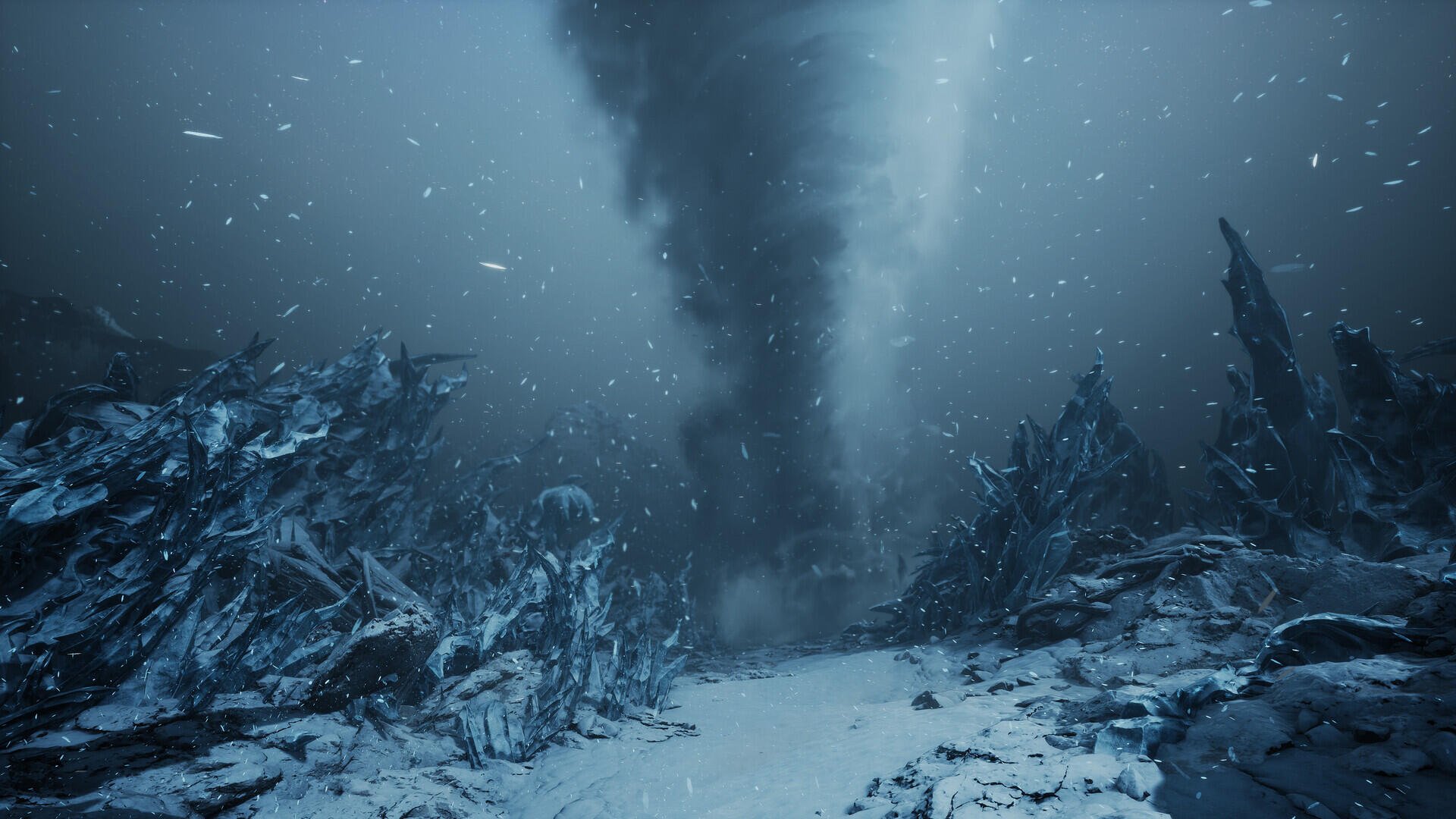 A captivating HD desktop wallpaper from the video game The First Berserker: Khazan, featuring a dramatic tornado amidst an icy, desolate landscape.