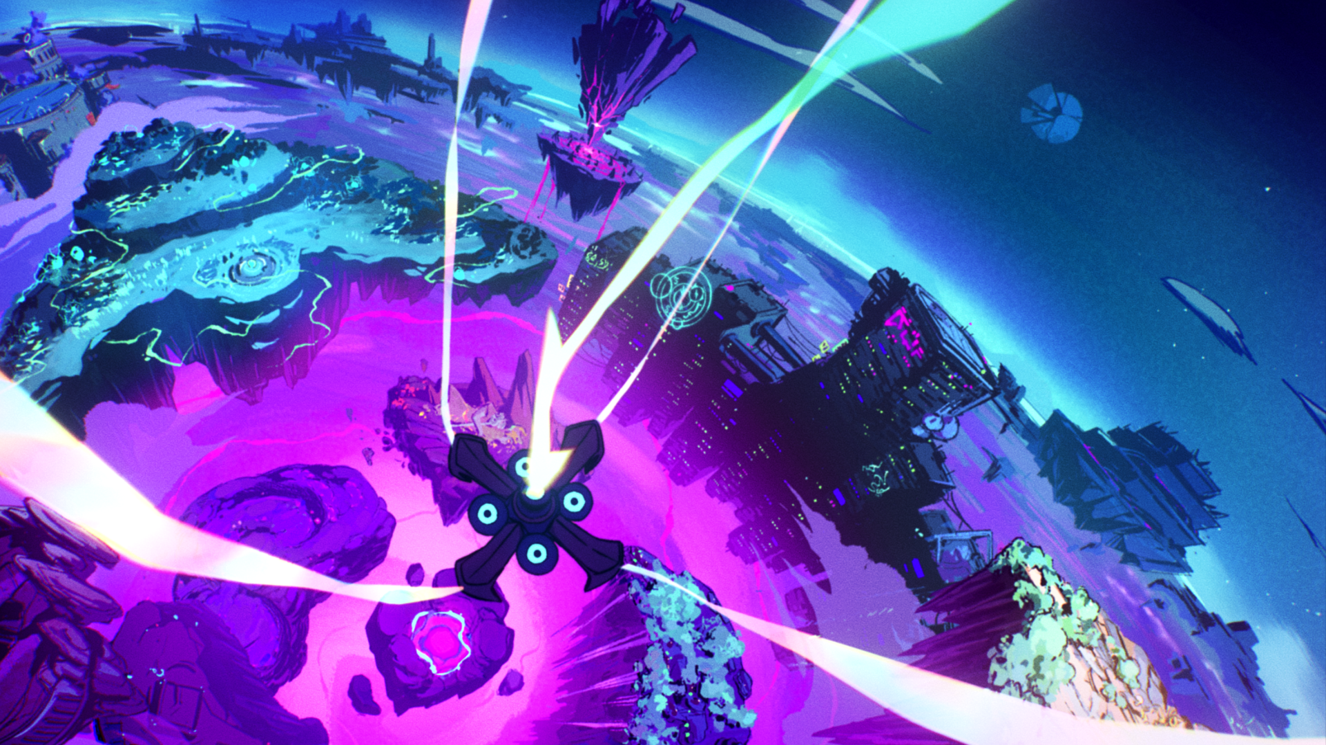 Colorful HD wallpaper featuring a vibrant alien landscape from the video game Supervive, showcasing dynamic lighting and surreal formations against a cosmic backdrop.