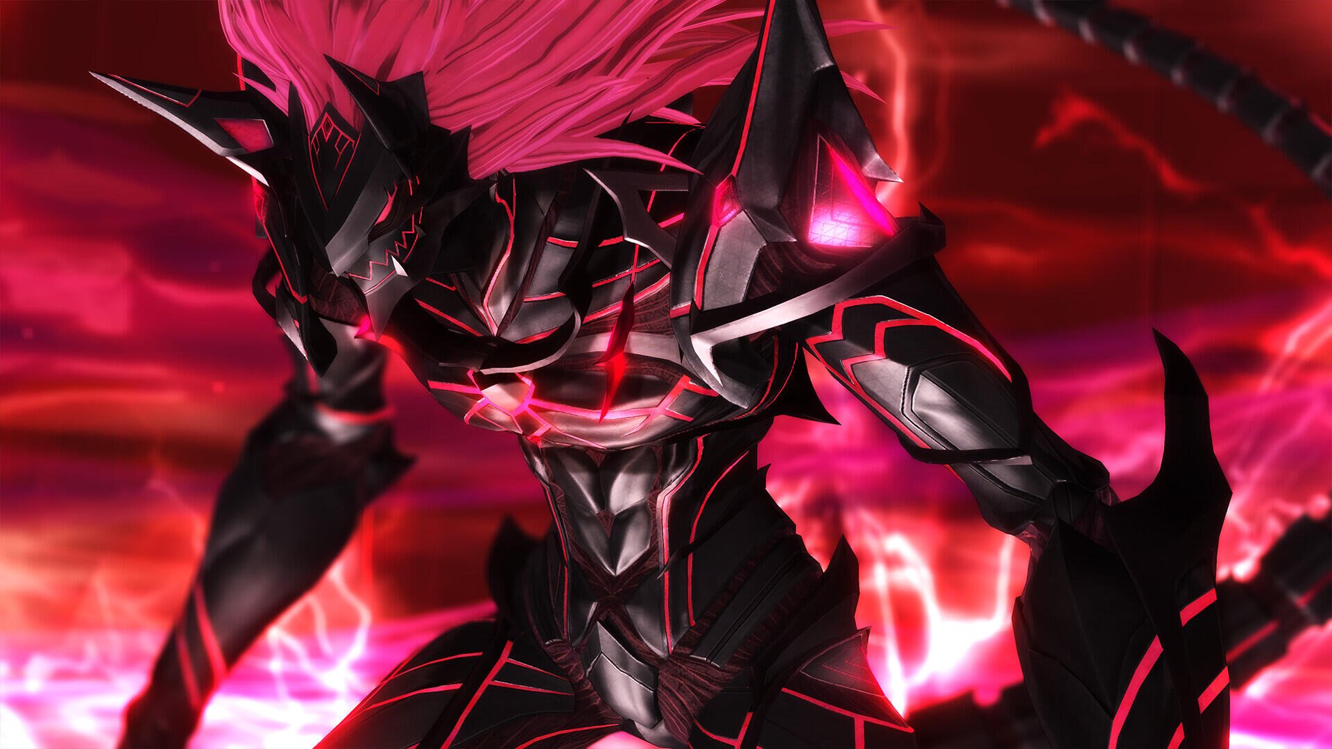 A striking HD wallpaper from The Legend of Heroes: Trails through Daybreak II, featuring a powerful character in dark armor with vibrant pink accents against a dramatic red background.