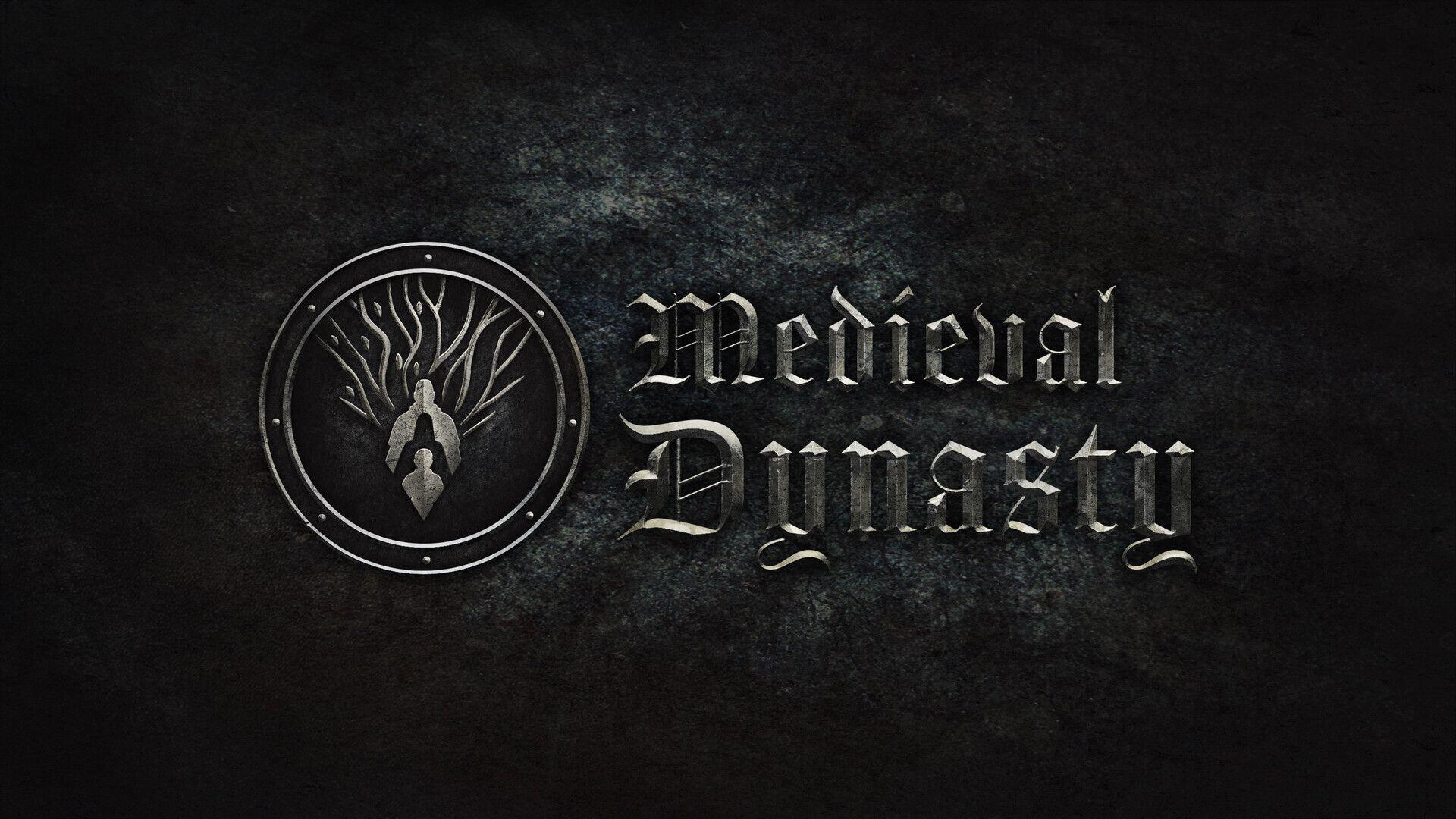 HD PC desktop wallpaper featuring the dark, metallic Medieval Dynasty video game logo with an emblem of a tree and stag on a textured black background.