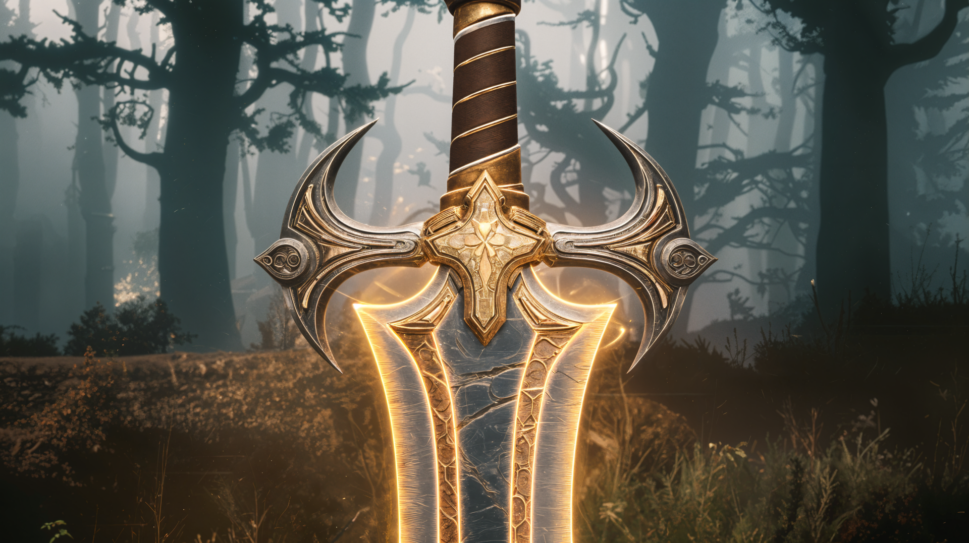A beautifully designed legendary sword with intricate details and glowing accents, set against a misty forest backdrop. This striking image serves as a captivating 4K Ultra HD desktop wallpaper.