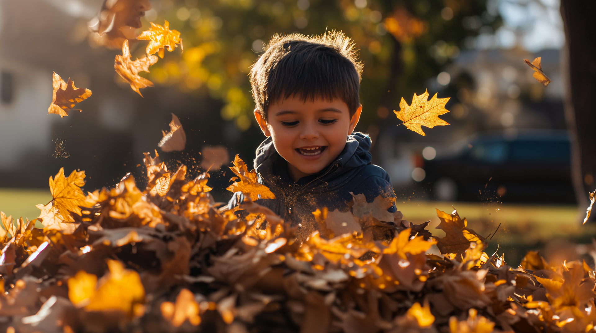 A cheerful child plays in a vibrant pile of autumn leaves, with golden leaves swirling around him, captured in a stunning 4K Ultra HD background.