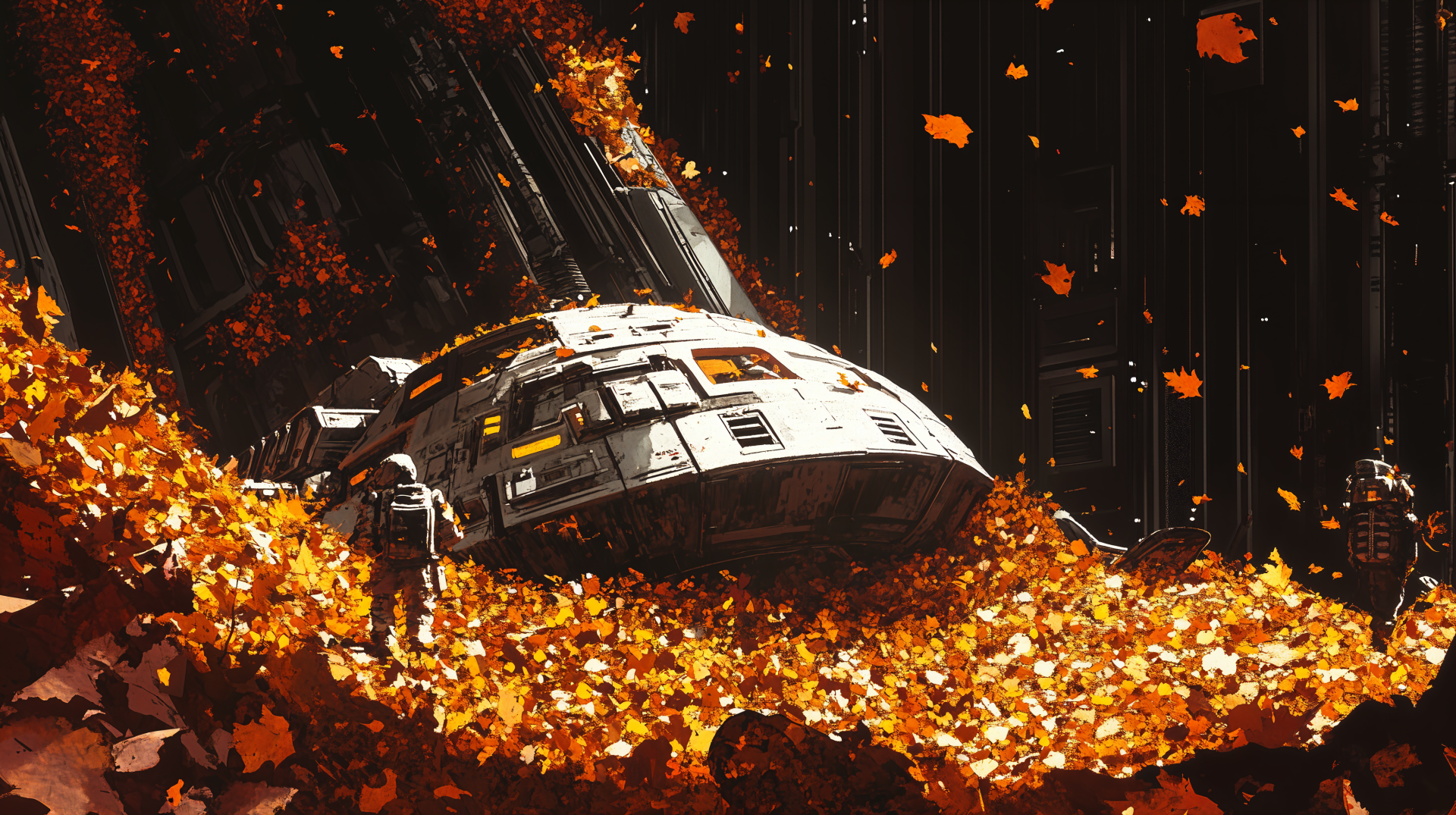 A sci-fi spacecraft rests amid a swirling pile of vibrant autumn leaves, blending futuristic elements with nature in stunning 4K Ultra HD detail.