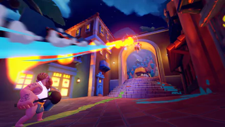 HD PC desktop wallpaper from the video game RAWMEN: Food Fighter Arena, showing colorful characters battling in a nighttime urban environment with dynamic fire effects.