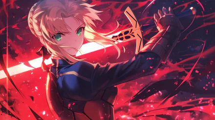 An HD wallpaper featuring Saber from the Fate series, specifically Fate/Stay Night, capturing the character's iconic design and vibrant anime style.
