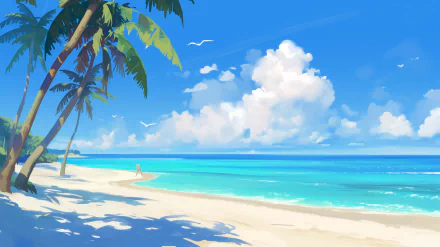 A serene HD desktop wallpaper featuring palm trees swaying over a sandy beach, with a vivid blue ocean and fluffy clouds in the background, capturing a tranquil coastal vibe.