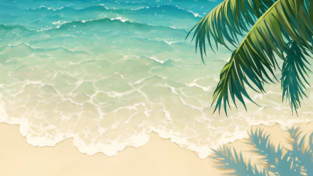 A serene HD desktop wallpaper featuring a sandy beach with gentle waves lapping at the shore and a lush palm tree casting a delicate shadow.