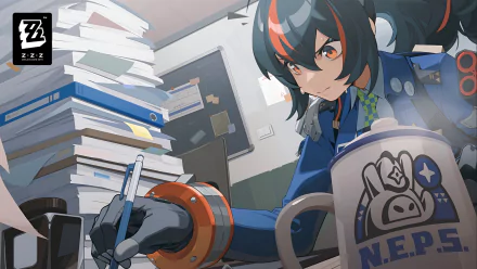 HD wallpaper featuring Zhu Yuan from the video game Zenless Zone Zero, focused on writing amidst a cluttered desk filled with books and papers.