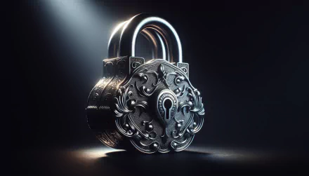 A beautifully detailed, ornate lock stands illuminated against a dark background, showcasing its intricate design in this HD desktop wallpaper and background.