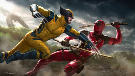 A dynamic 4K Ultra HD wallpaper featuring Deadpool and Wolverine engaged in an intense battle, showcasing their iconic costumes and vibrant colors against a dramatic background.