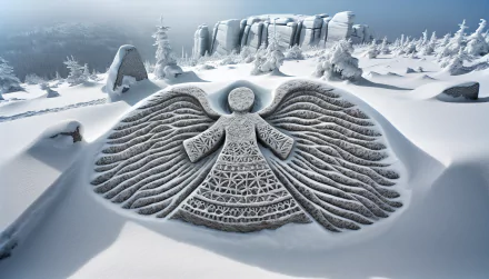 A captivating snow angel rests on a pristine winter landscape, surrounded by snowy trees and rocky outcrops, creating an enchanting HD desktop wallpaper background.