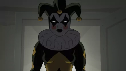 A striking HD background featuring a character from Batman: Caped Crusader, showcasing a mysterious figure in a jester-inspired costume with dramatic lighting.