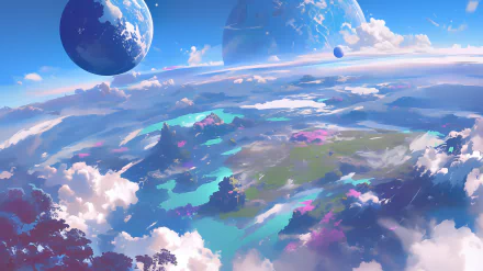 A vibrant anime landscape featuring floating planets and colorful terrain, this HD wallpaper captures a breathtaking celestial scene in vivid detail.