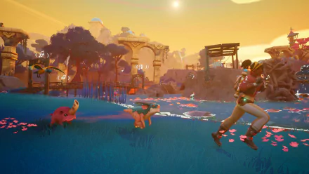 A vibrant HD wallpaper from the video game Creatures of Ava, featuring a character running through a lush landscape with colorful creatures under a warm sunset.