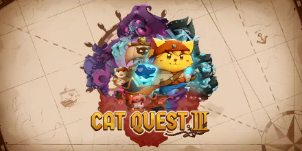 A vibrant HD desktop wallpaper featuring scenes from the video game Cat Quest III, showcasing its charming animals and adventurous landscapes.