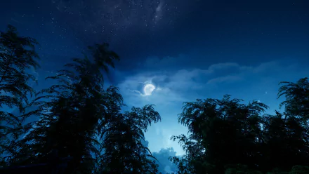 A serene night sky featuring a glowing moon amidst clouds, surrounded by silhouettes of trees, inspired by the video game Sword and Fairy 7. 4K Ultra HD quality wallpaper.