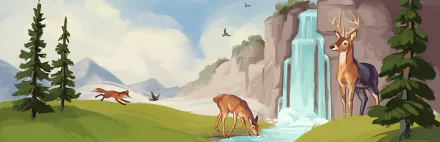 A serene HD desktop wallpaper featuring a deer drinking from a stream, with foxes playing nearby and a waterfall cascading down rocky cliffs, evoking a sense of nature and preservation in a video game setting.