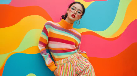 A woman showcases fall fashion in a vibrant striped sweater and pants against a colorful wave-patterned background, serving as a stylish HD desktop wallpaper.