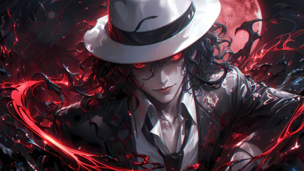 4K Ultra HD Demon Slayer: Kimetsu no Yaiba wallpaper featuring Muzan Kibutsuji in a white hat and suit, surrounded by dark red and black swirling shadows.