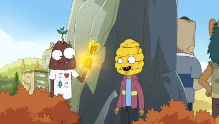 Colorful HD wallpaper from the TV show Solar Opposites, featuring quirky characters interacting in a vibrant landscape with a golden artifact.