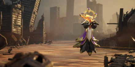 A vibrant HD desktop wallpaper from the video game Stormgate, featuring a majestic character surrounded by a post-apocalyptic landscape.